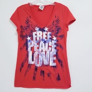 Women L Red Short Sleeve T-shirt Free, Peace Love
